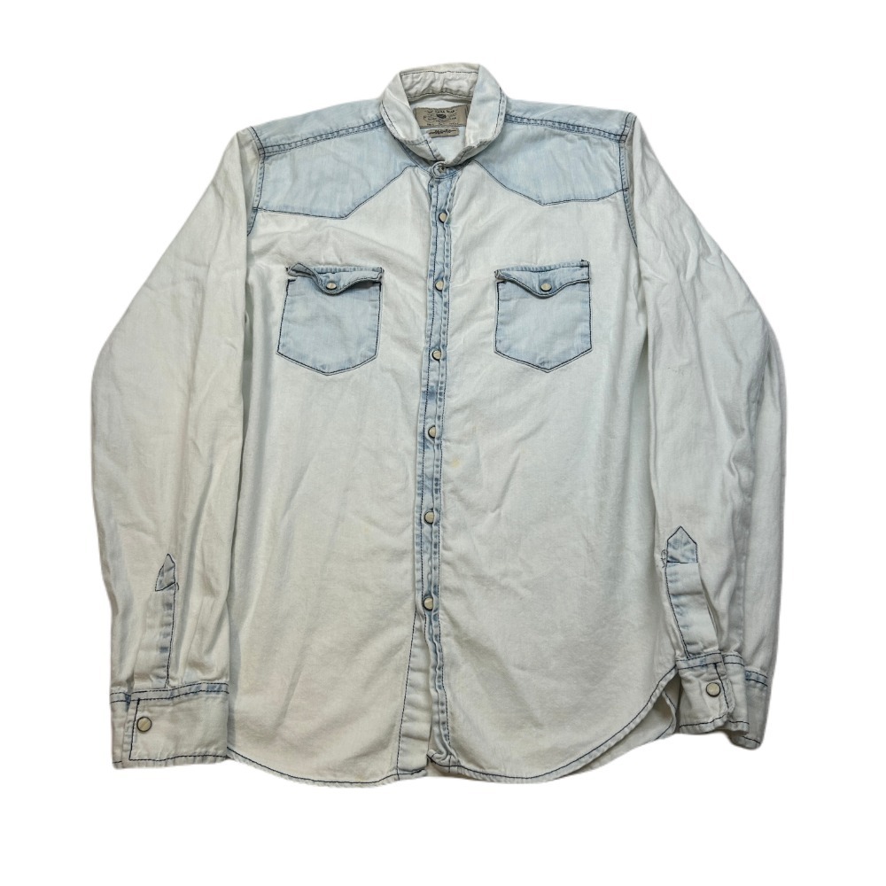Zara Man Denim‎ Pearl Snap Shirt Mens Large Light Wash Western Well Worn
